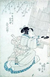 岩井久米三郎「茶屋の娘・伊達おつら」（木版画）