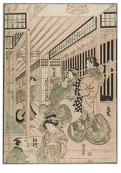 新吉原（三幅対）の一場面。花魁と客のいる吉原廓内 1830-1843年頃（木版・紙）