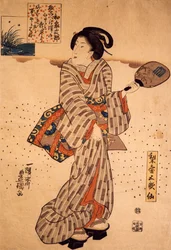 歌川国貞作「硬い扇を持つ女」木版画、錦絵技法