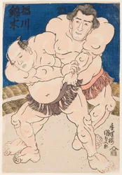 猪川と錦鯉の相撲対決。歌川国貞（1786-1865）の版画
