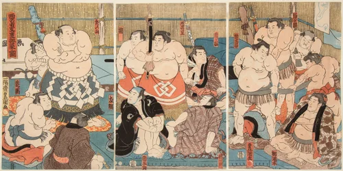 大相撲の力士、設楽部屋と秀ノ山の戦い。歌川国貞（1786-1865）の版画