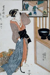 寅の刻、朝七ツ、1818年頃、歌川国貞（1786-1865）の浮世絵版画『吉原十二時間』より、おばんたて絵、37x24.9cm、日本文明史