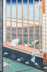 「江戸百景」シリーズ「鶏の祭典」に登場する浅草の田んぼ。 1857（カラー木版画）