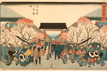 江戸の名所「吉原の中野の桜の時間」c.1848-9（色版画）