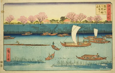 Cherry Trees along the Sumida River Embankment at the Mimeguri Inari Shrine (Sumidagawa Mimeguri Inari tsutsumi no hana), from the series "Famous Places in Edo (Edo meisho)"