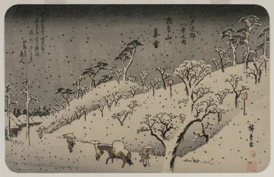 飛鳥の丘の夕方の雪、江戸の八景、c。 1837-38。