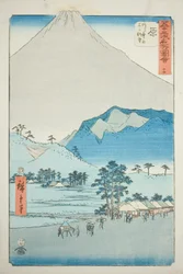 原：愛鷹山と富士山の眺め（原、愛鷹山富士ちょうぼう）No. 縦の東海道とも呼ばれる「五十三次名所図会」シリーズ 14