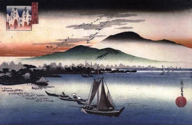 広重 湖上の釣り船