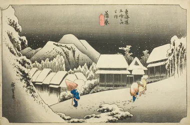 Kanbara: Evening Snow (Kanbara, yoru no yuki), from the series "Fifty-three Stations of the Tokaido (Tokaido gojusan tsugi no uchi)," also known as the Hoeido Tokaido