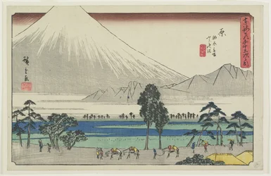 富士山を望む池のそばの柏原休憩所原富士、1841-1842
