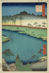 Kumano Junisha Shrine in Tsunohazu, Popularly Known as Juniso (Tsunohazu Kumano Junisha, zokusho Juniso), from the series "One Hundred Famous Views of Edo (Meisho Edo hyakkei)"