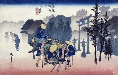 三島の朝霧、「東海道五十三次」、1834-35（カラー木版）