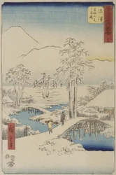 沼津から見る富士山と足柄山、竪絵東海道シリーズ（または「東海道五十三対 名所図会」）より