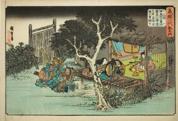 No. 6: Ise no Saburo Swears Loyalty to Ushiwakamaru (Rokukai, Ise no Saburo ga kakurega ni yadorite Ushiwakamaru shuju o yakusu), from the series "The Life of Yoshitsune (Yoshitsune Ichidaiki no uchi)"