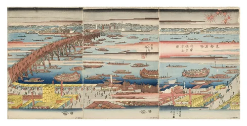 両国橋の夏の夜のパノラマ、1832-34年頃（木版）