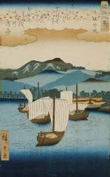 Yabaseで帆を返すシリーズ「近江八景」、c.1855-8（カラー木版印刷）