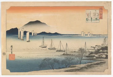 江戸時代、八橋に戻るヨット1830年代初頭（色木版画）