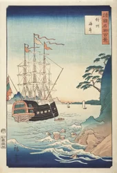 シリーズ「さまざまな地方の有名な場所の百景」からのテイシュの海岸、c.1850（カラー木版画）