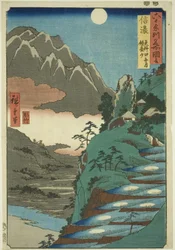 Shinano Province: The Moon Reflected in the Sarashina Rice Fields near Mount Kyôdai (Shinano, Sarashina tagoto no tsuki, Kyōdaisan), from the series Famous Places in the Sixty-Odd Provinces (Rokujūyoshū meisho zue)