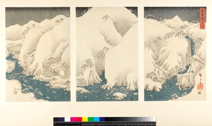 木曽の山と川の吹雪（さんまいつづき-三連祭壇画、横絵-横向き、色版画）