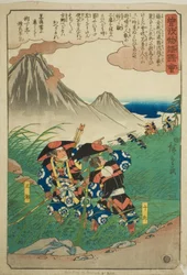 三原野で助経の狩猟隊を追う曽我十郎と曽我五郎（『曽我兄弟物語図会』より）