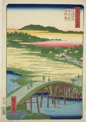 Sugatami Bridge, Omokage Bridge and the Gravel Pit at Takata (Takata Sugataminohashi Omokagenohashi jariba), from the series "One Hundred Famous Views of Edo (Meisho Edo hyakkei)"