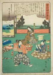『蘇我物語図会』より 助成（曽我十郎）、時宗（曽我五郎）と母親の送別会