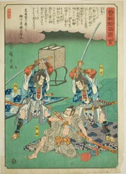 曾我十郎祐成と曾我五郎時宗が祐経を暗殺する場面、連作「絵入曾我物語」より