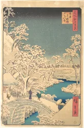 目黒太鼓橋の雪の夕暮れ