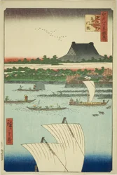 てっぽ図 案ｄ 築地 本願寺 手ＭＰぇ （徹ポズ 築地 門跡）、 ｆろｍ テェ セリエｓ ”スッｐぇ麺ｔ と テェ 尾根 分ｄレｄ ファもうｓ ヴィエｗｓ おｆ 江戸 （江戸 百景 よきょ）”