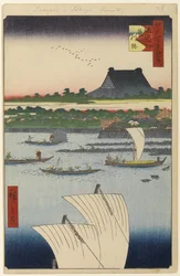 鉄砲水と築地本願寺、江戸百景の第78号、1858年（版画）