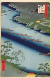 江戸百景川口フェリーと善光寺、1857年（版木カラープリント）