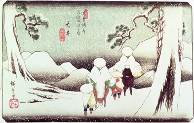 「紀伊街道の69駅」シリーズの「大井の雪の旅人」パブ。 1830年代後半（横判サイズ、横絵-横向き、カラー木版画）