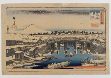 江戸日本橋（江戸名所）の景色（木版画、紙に色）