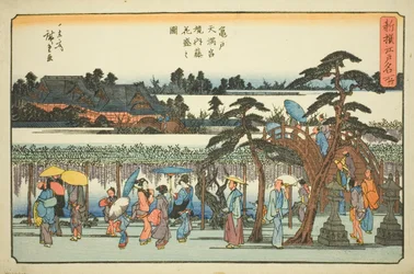 Wisteria in Full Bloom in the Precincts of the Kameido Tenmangu Shrine (Kameido Tenmangu keidai fuji hanazakari no zu), from the series "Newly Selected Famous Places in Edo (Shinsen Edo meisho)"