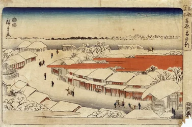 吉原由紀の朝、1850年（木版画）（木版画）