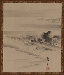 風景：川、町、霧、江戸時代、19世紀。