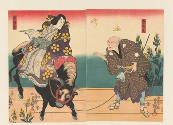 農夫が黒い牛に乗る廷臣を案内する