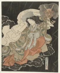 雲の中で悪魔の仮面を持つ女性