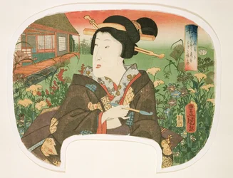 秋、花やしき：パイプが施された芸者、季節を示す4つのセットのファン用のデザイン、1858年から60年（木版画）
