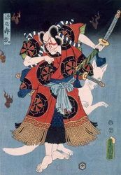 酒場千本桜の場面で横川覚範役の坂東亀蔵。 1856年。