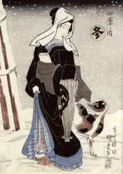 冬、シリーズ「四季の内」（四季折々）（カラー木版画）