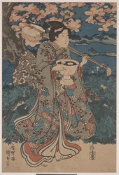 桜観覧会に行く（木版画）