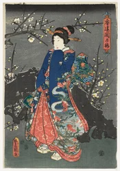 桜の下の少女 1838-80年頃（錦絵・多色木版画）