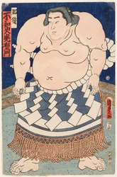 大相撲力士の不知火三右衛門（1825-1879）の祭礼用エプロンを持った肖像。二代目歌川国貞（1823-1880）の版画