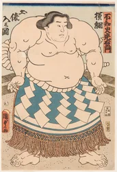 大相撲力士の不知火三右衛門（1825-1879）の祭礼用エプロンを持った肖像。二代目歌川国貞（1823-1880）の版画