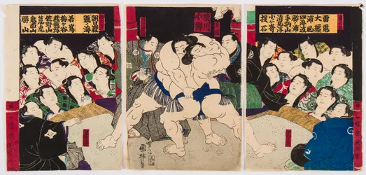 Combat de lutteurs de Sumo.Estampe de Utagawa Kuniteru (1808-1876) - 歌川国輝（1808-1876）の「相撲の力士たち」。カラー木版画。個人蔵