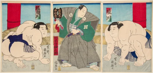 大相撲の力士、境川と綾瀬川の戦い。歌川国輝（1808-1876）の版画