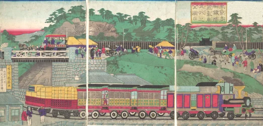 東京の高輪鉄道を走る蒸気機関車のイラスト Tokyo ta..., ca. 1873年。