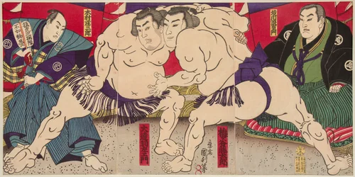 Combat des lutteurs de sumo Umegatani Rodachi et Kimura Shonosuke. Estampe de Utagawa Kunitoshi (1847-1899), vers 1885 - Wrestling match Umegatani Rodachi vs Kimura Shonosuke, by Kunitoshi, Utagawa (1847-1899). Colour woodcut, ca 1885. Dimension : 38x72,5